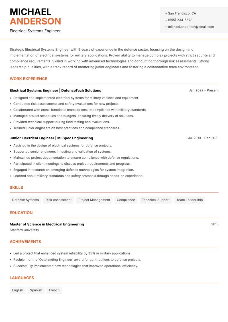 Electrical Systems Engineer Resume Template