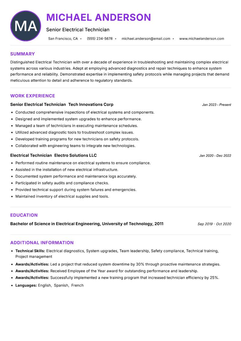 Electrical Technician Resume Preview Example