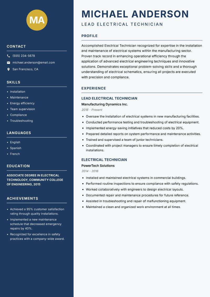 Electrical Technician Resume Preview Example