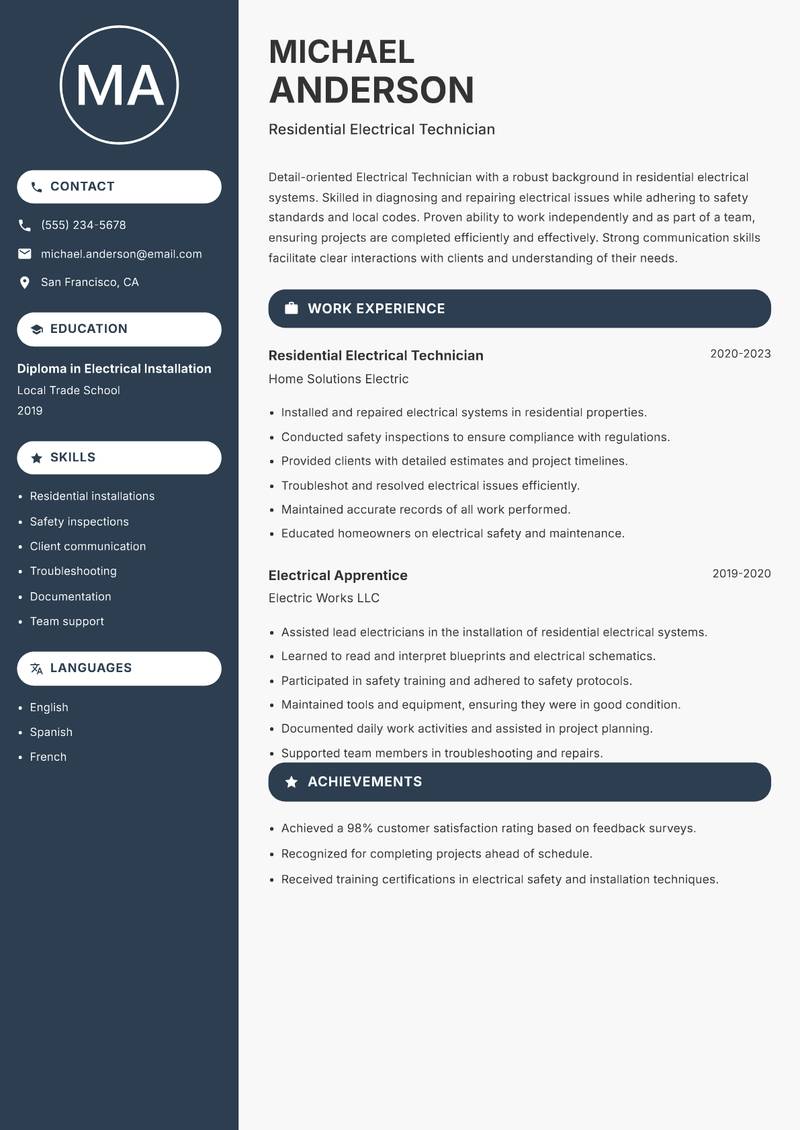 Electrical Technician Resume Preview Example