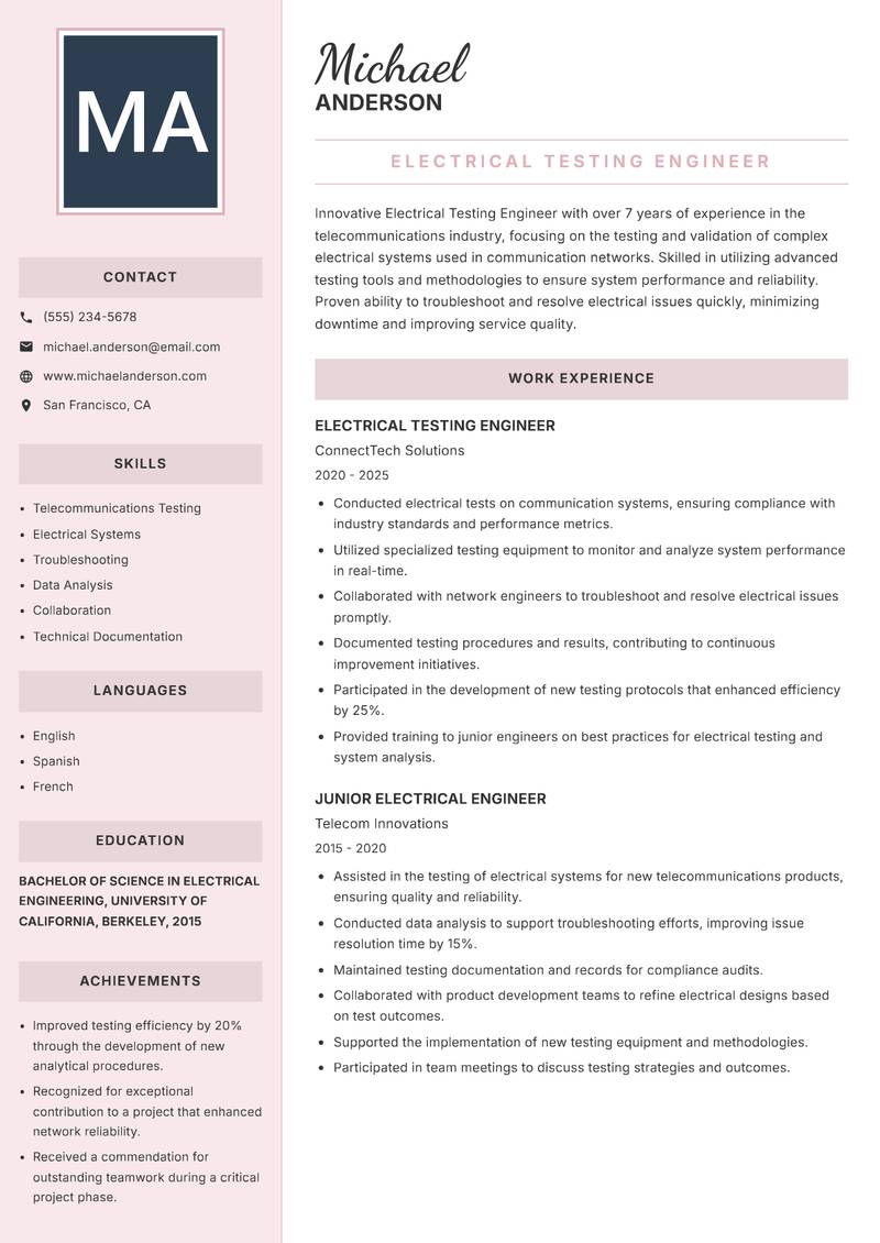 Electrical Testing Engineer Resume Preview Example