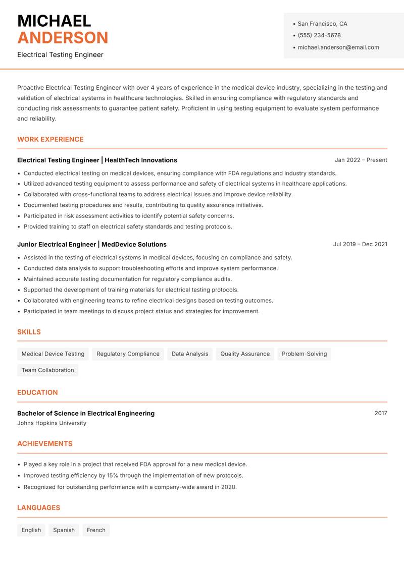 Electrical Testing Engineer Resume Template