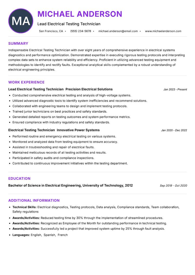 Electrical Testing Technician Resume Preview Example