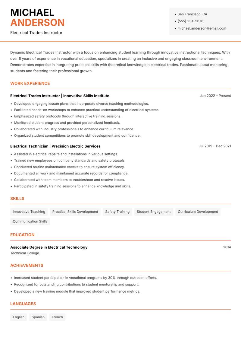 Electrical Trades Instructor Resume Template