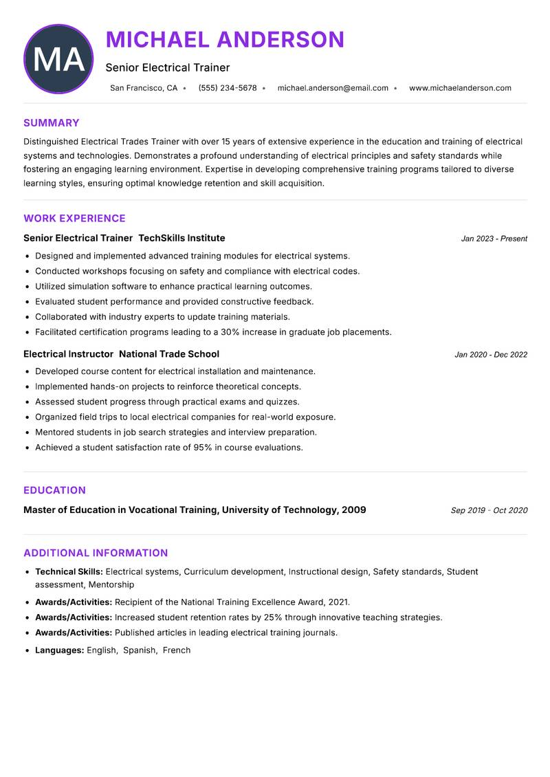 Electrical Trades Trainer Resume Preview Example