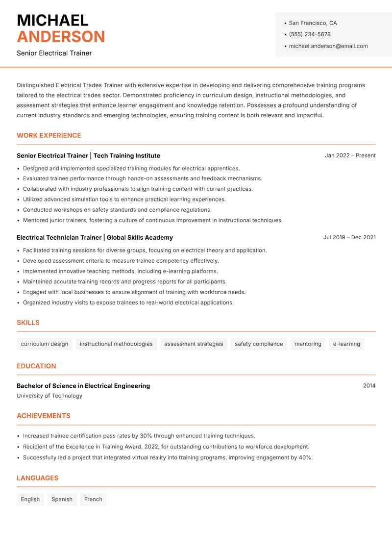 Electrical Trades Trainer Resume Template