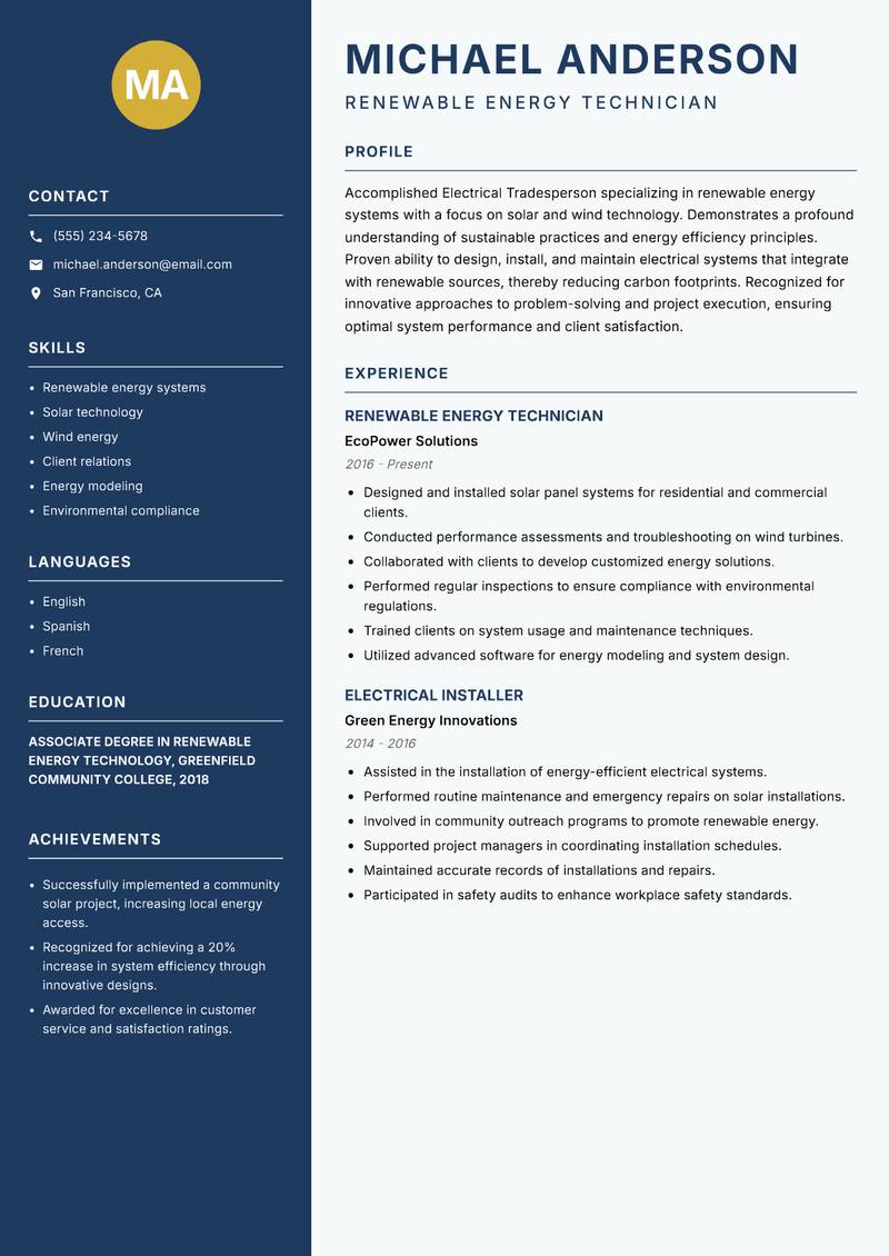 Electrical Tradesperson Resume Preview Example