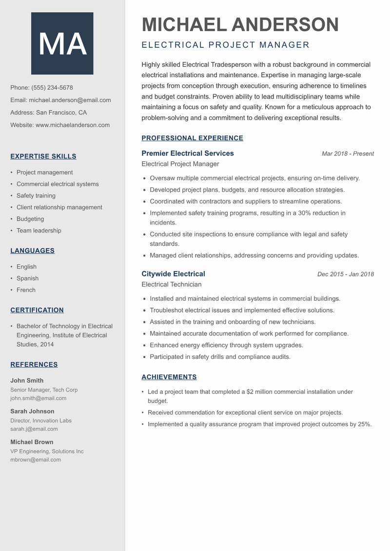 Electrical Tradesperson Resume Preview Example