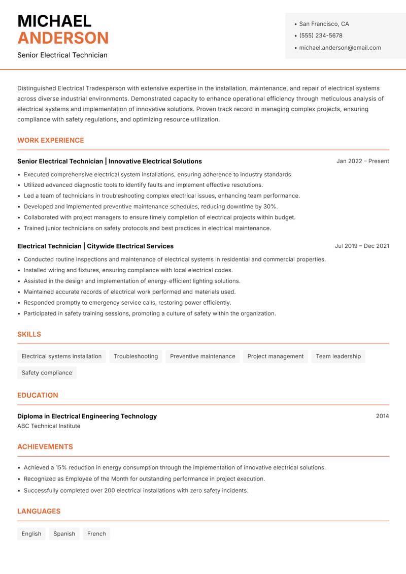 Electrical Tradesperson Resume Template