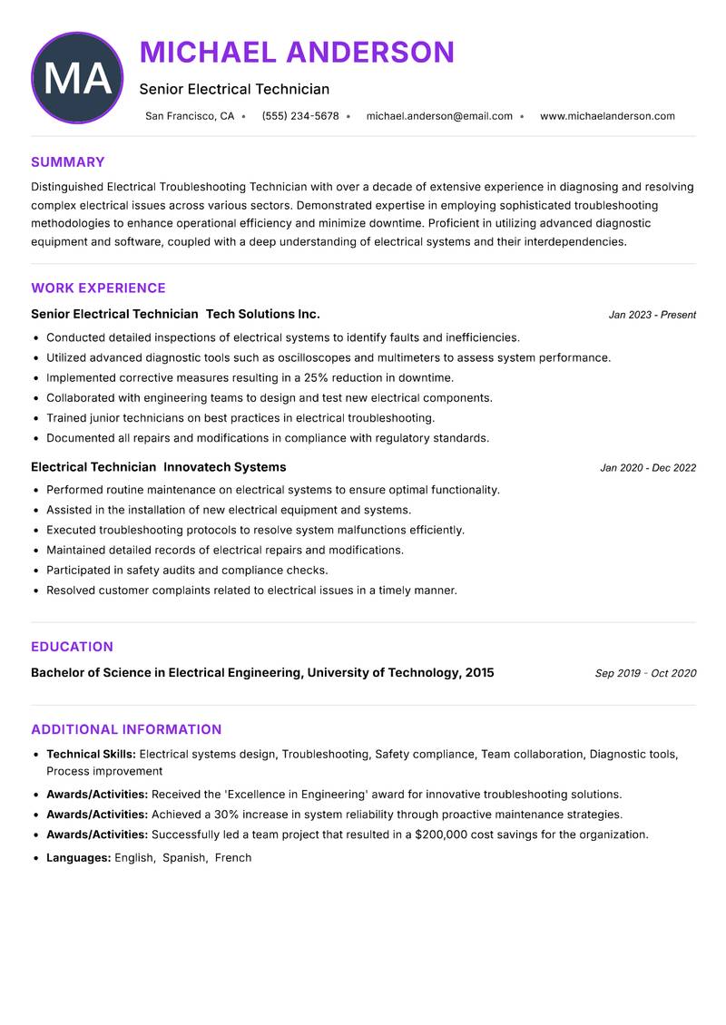 Electrical Troubleshooting Technician Resume Preview Example