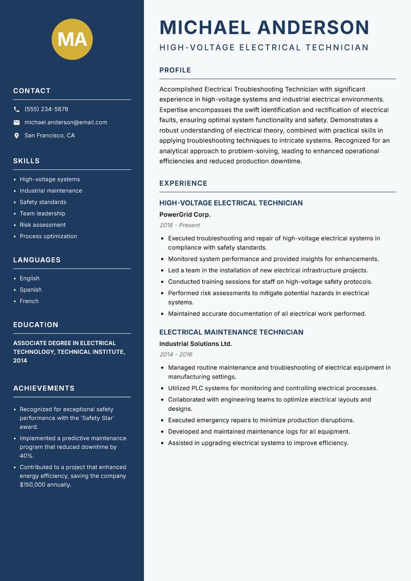 Electrical Troubleshooting Technician Resume Preview Example
