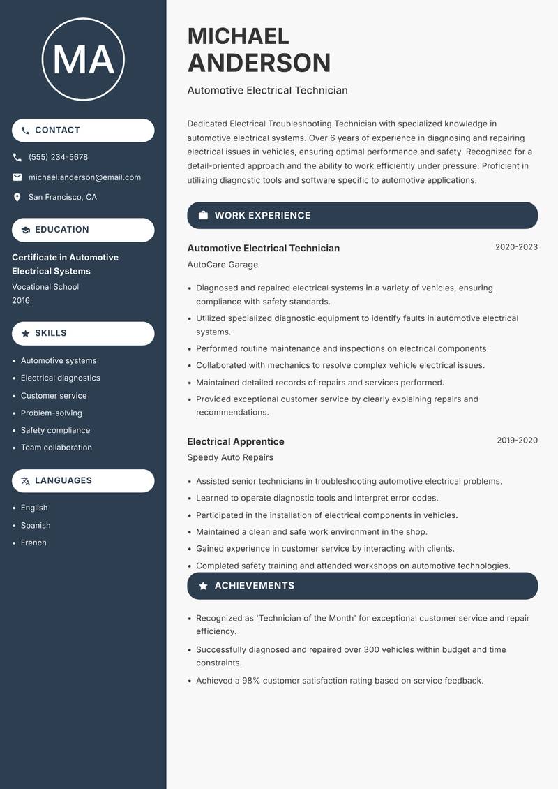 Electrical Troubleshooting Technician Resume Preview Example