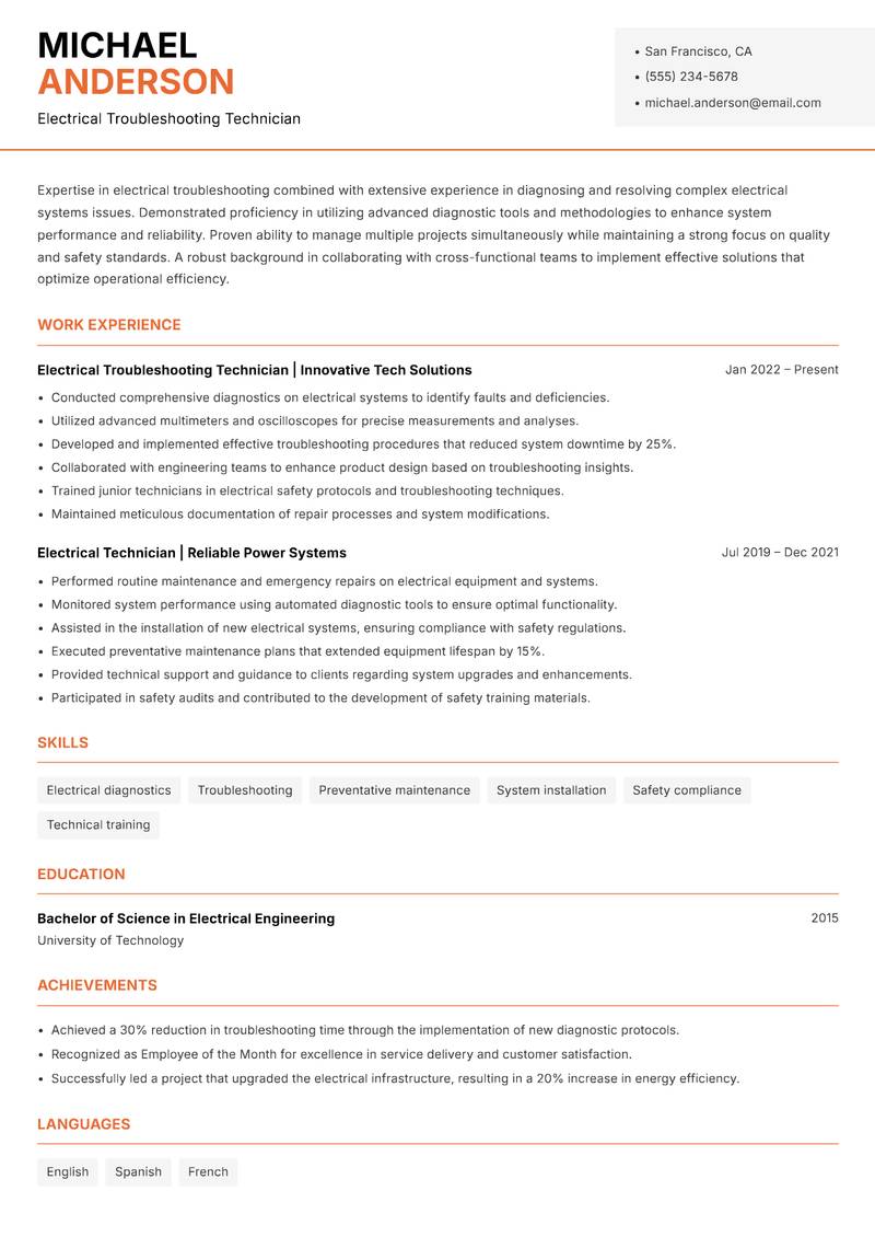 Electrical Troubleshooting Technician Resume Template