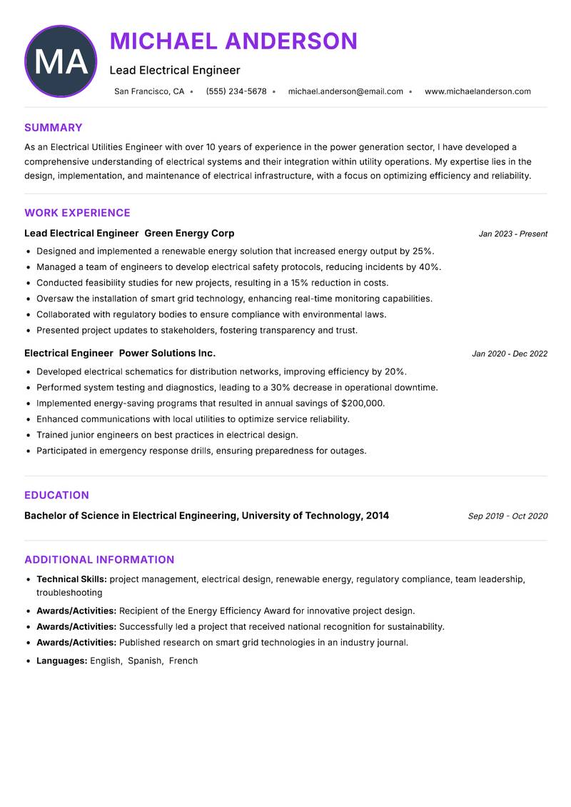 Electrical Utilities Engineer Resume Preview Example