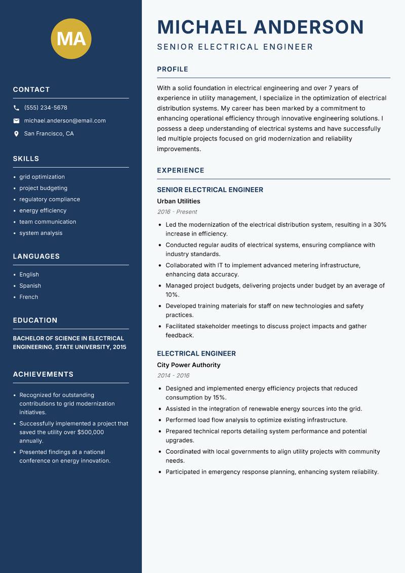 Electrical Utilities Engineer Resume Preview Example