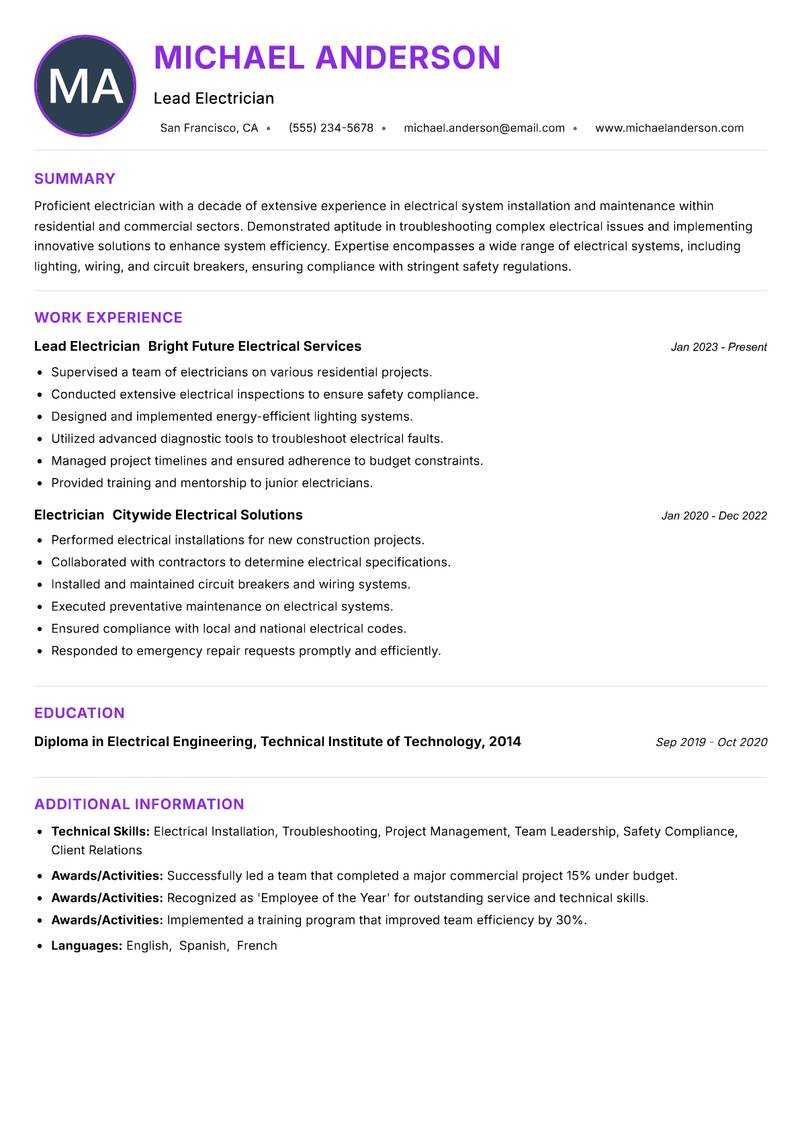 Electrician Resume Preview Example