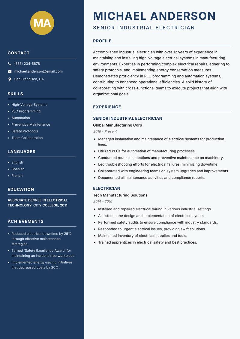 Electrician Resume Preview Example