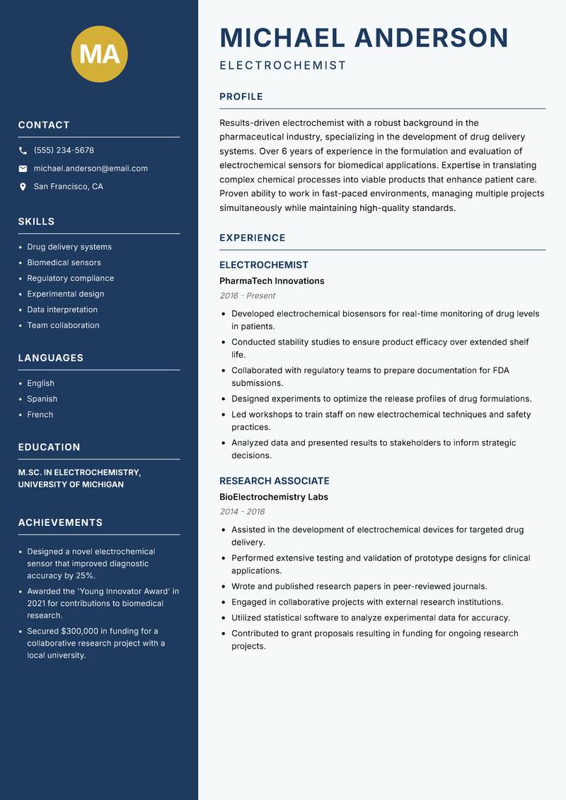 Electrochemist Resume Preview Example