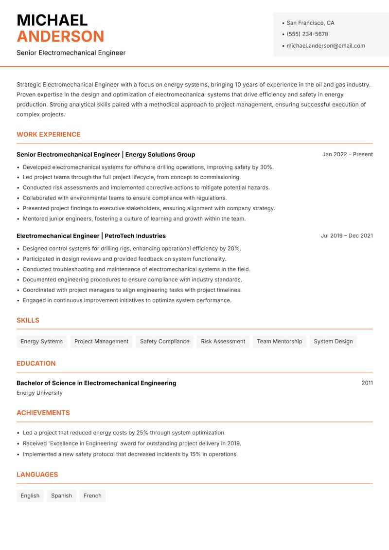 Electromechanical Engineer Resume Template