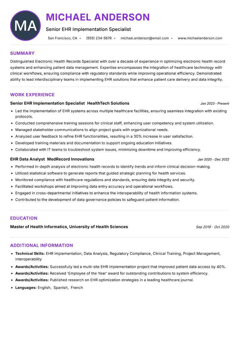 Electronic Health Records Specialist Resume Preview Example