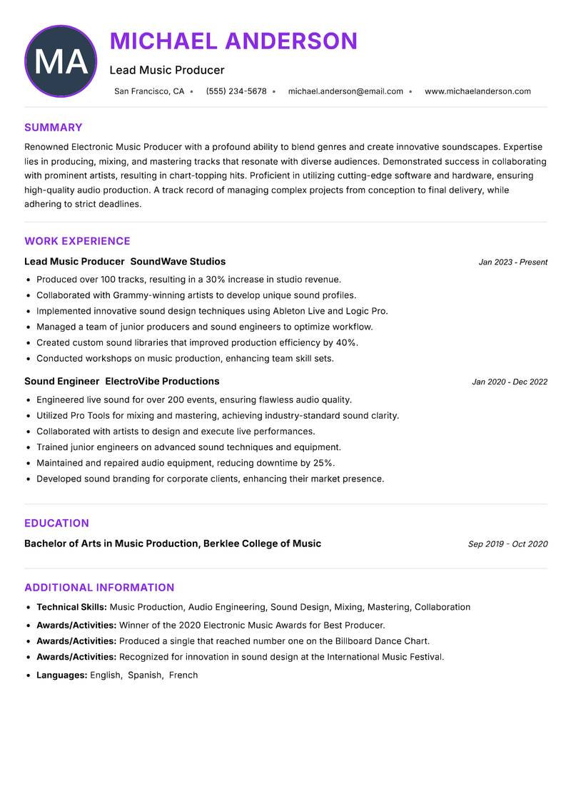Electronic Music Producer Resume Preview Example