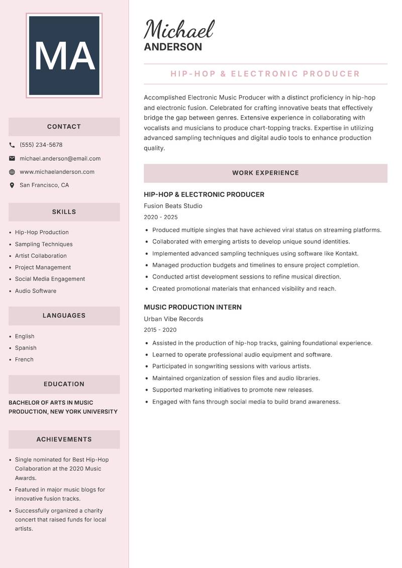 Electronic Music Producer Resume Preview Example