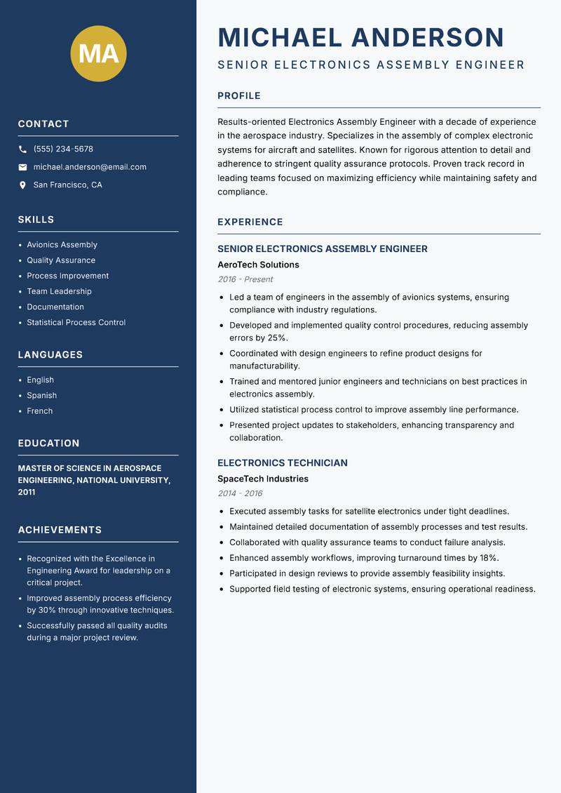 Electronics Assembly Engineer Resume Preview Example