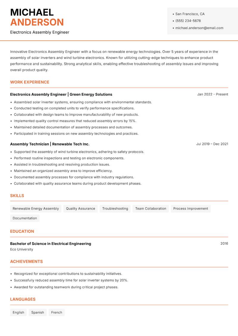 Electronics Assembly Engineer Resume Template