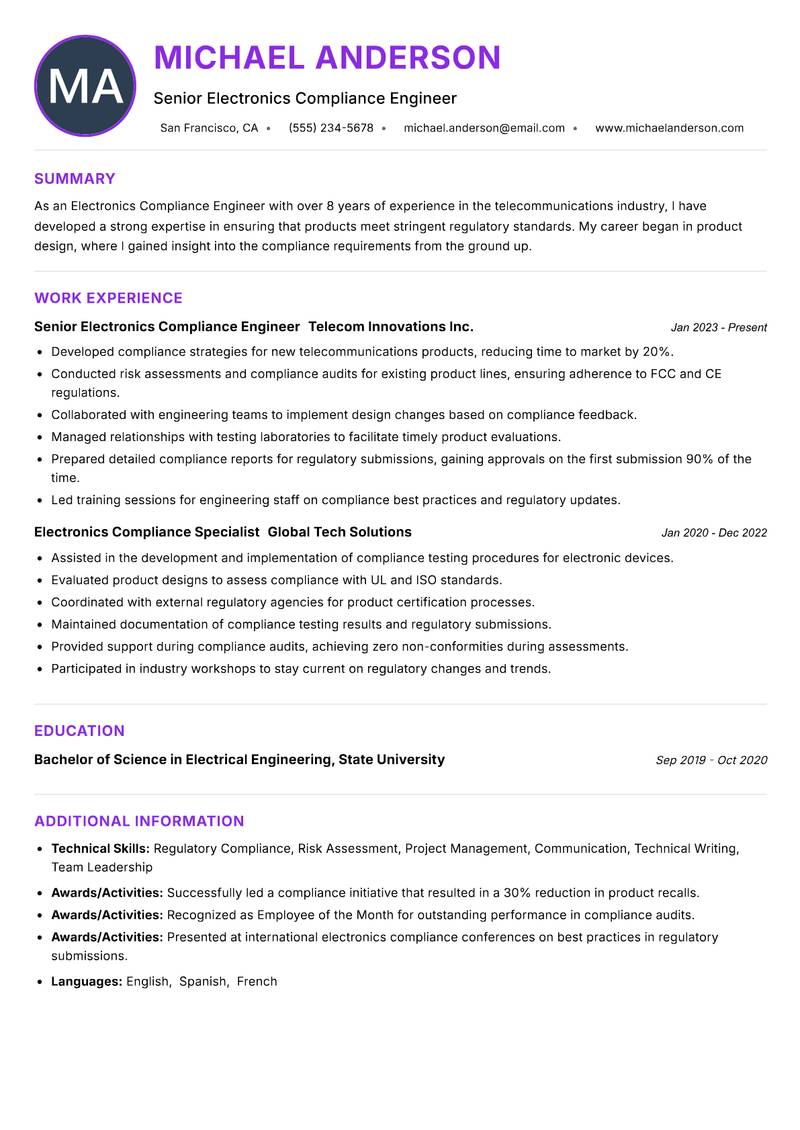 Electronics Compliance Engineer Resume Preview Example