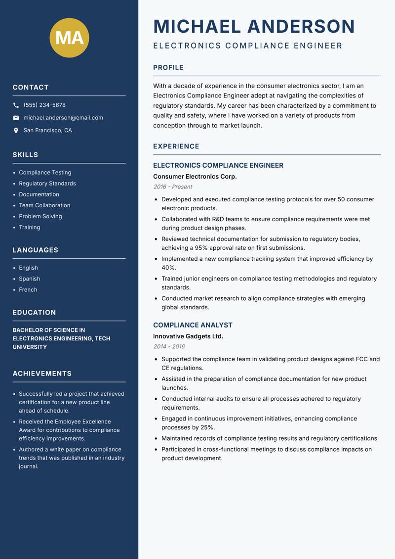 Electronics Compliance Engineer Resume Preview Example