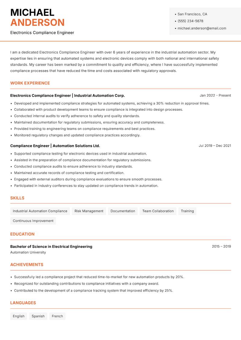 Electronics Compliance Engineer Resume Template