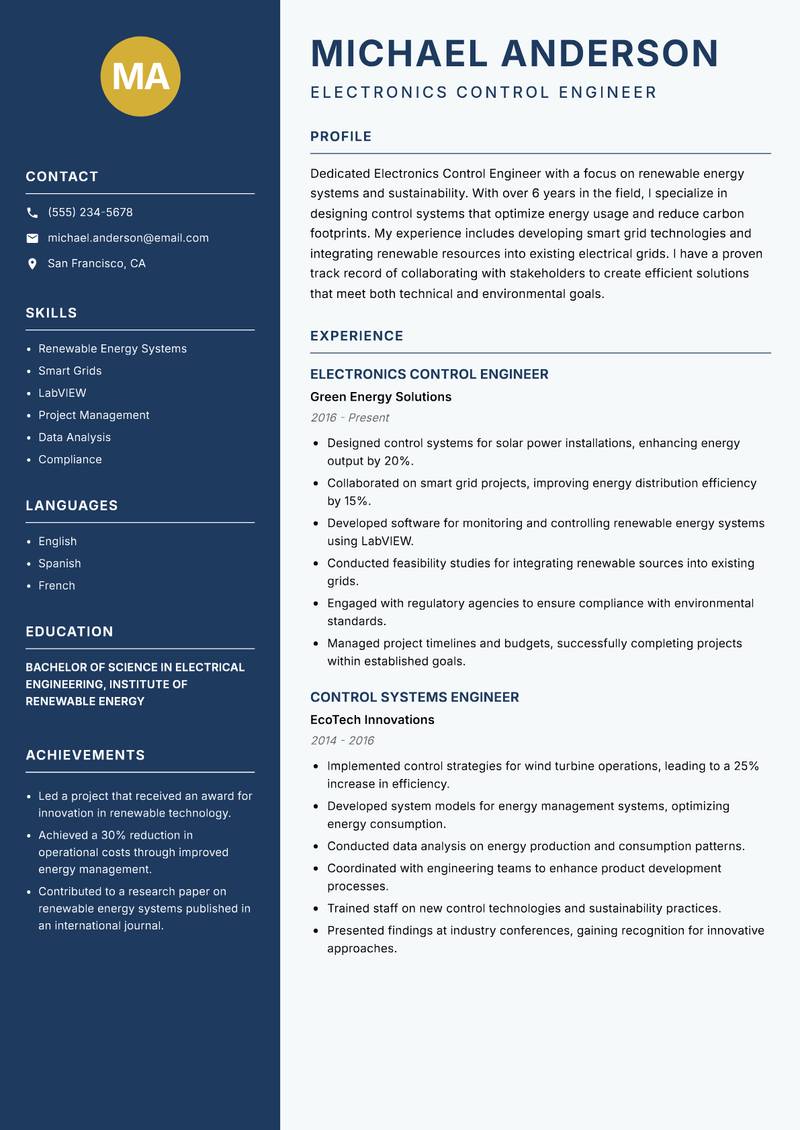 Electronics Control Engineer Resume Preview Example