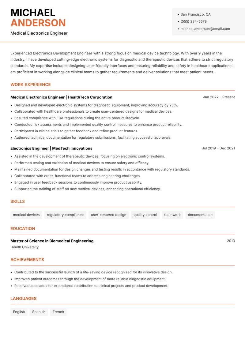 Electronics Development Engineer Resume Template