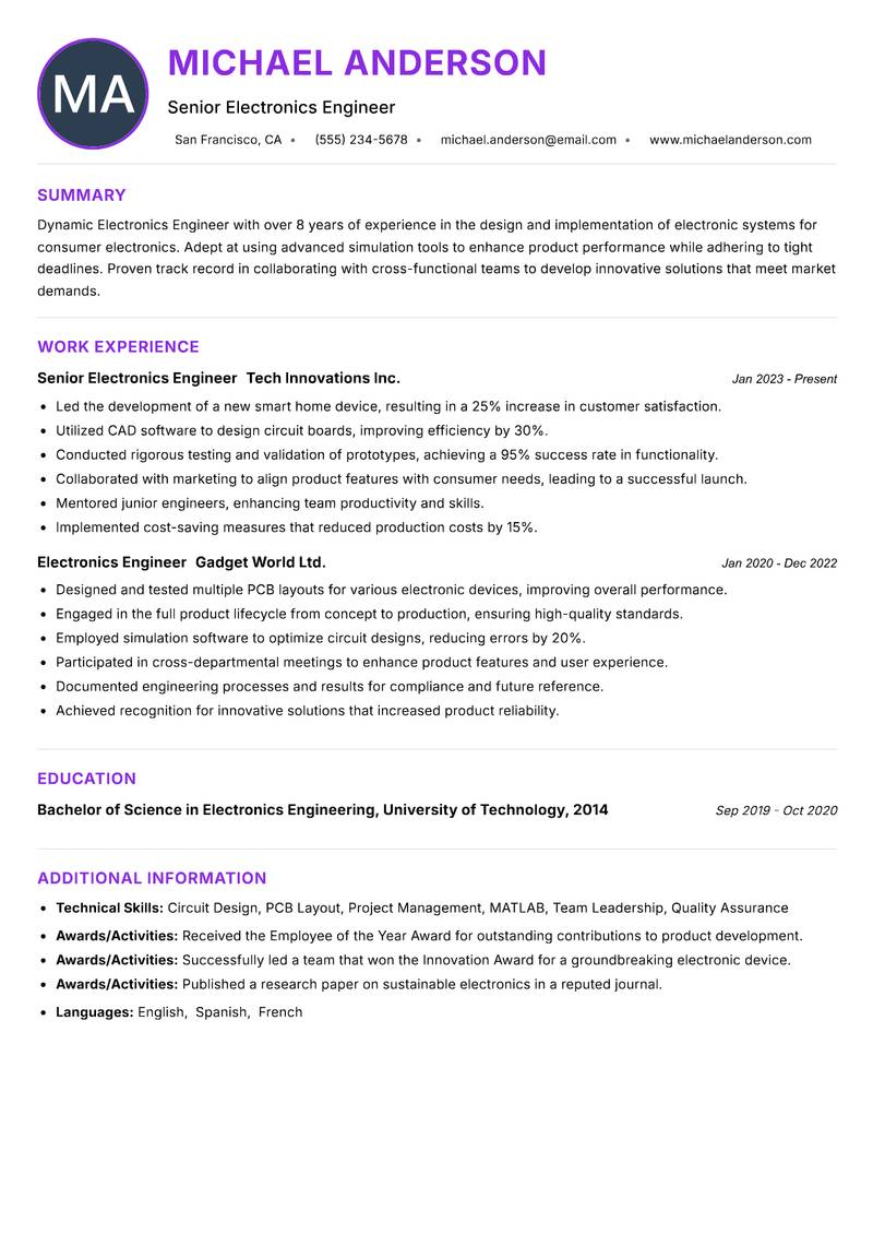 Electronics Engineer Resume Preview Example