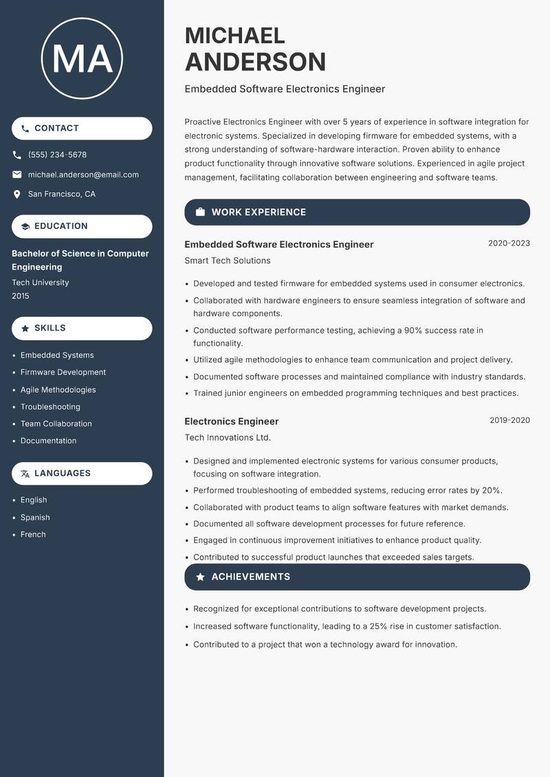 Electronics Engineer Resume Preview Example