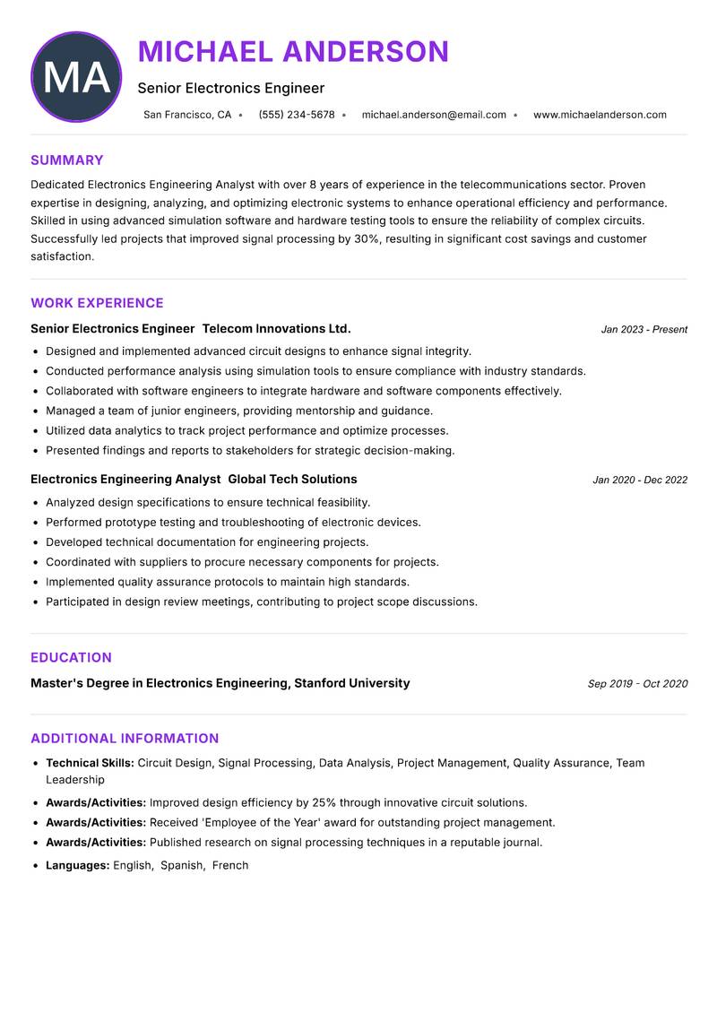Electronics Engineering Analyst Resume Preview Example