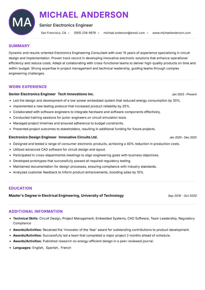 Electronics Engineering Consultant Resume Preview Example