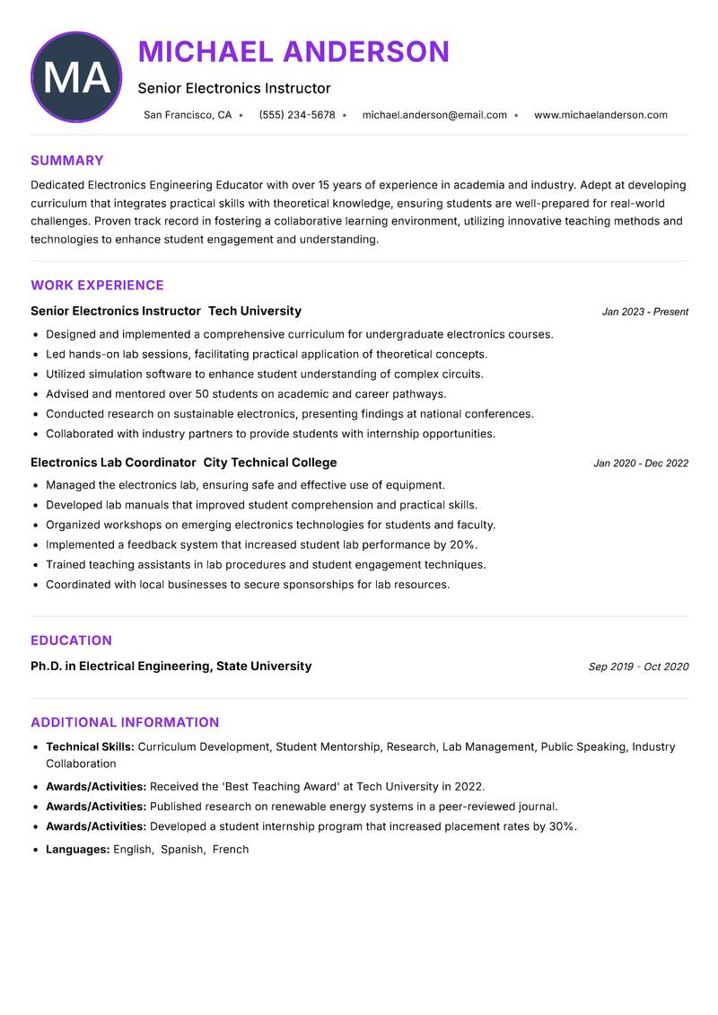 Electronics Engineering Educator Resume Preview Example