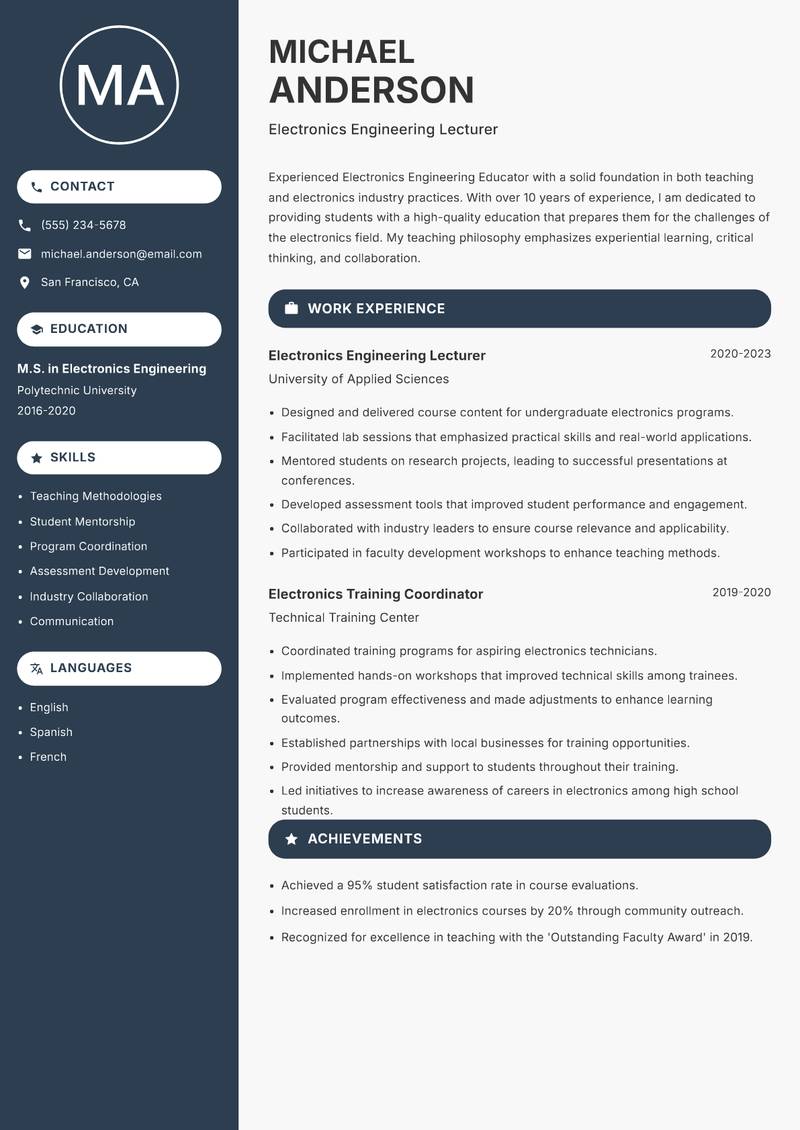 Electronics Engineering Educator Resume Preview Example