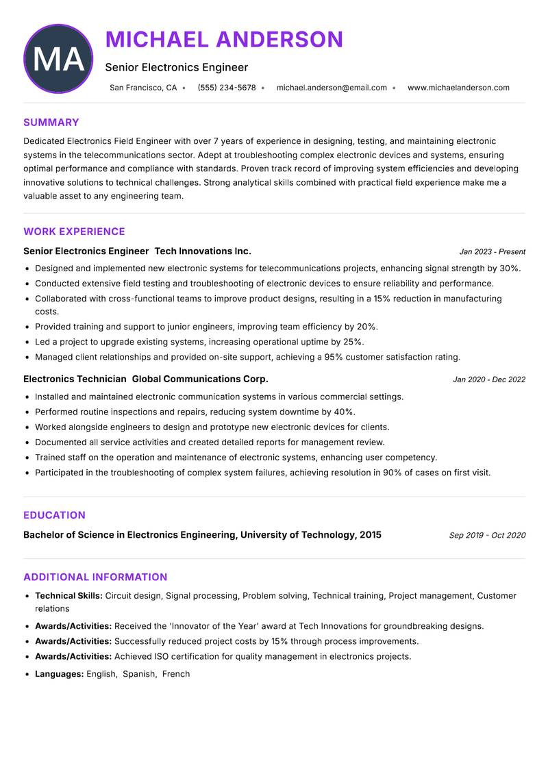 Electronics Field Engineer Resume Preview Example