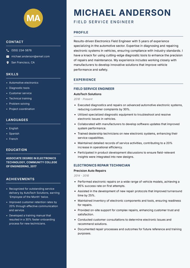 Electronics Field Engineer Resume Preview Example