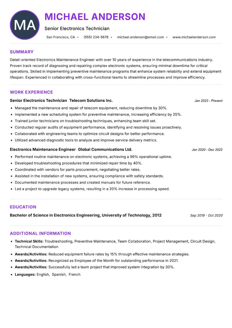 Electronics Maintenance Engineer Resume Preview Example