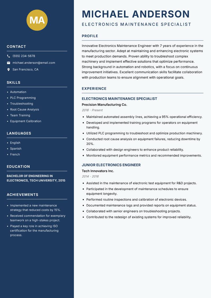 Electronics Maintenance Engineer Resume Preview Example