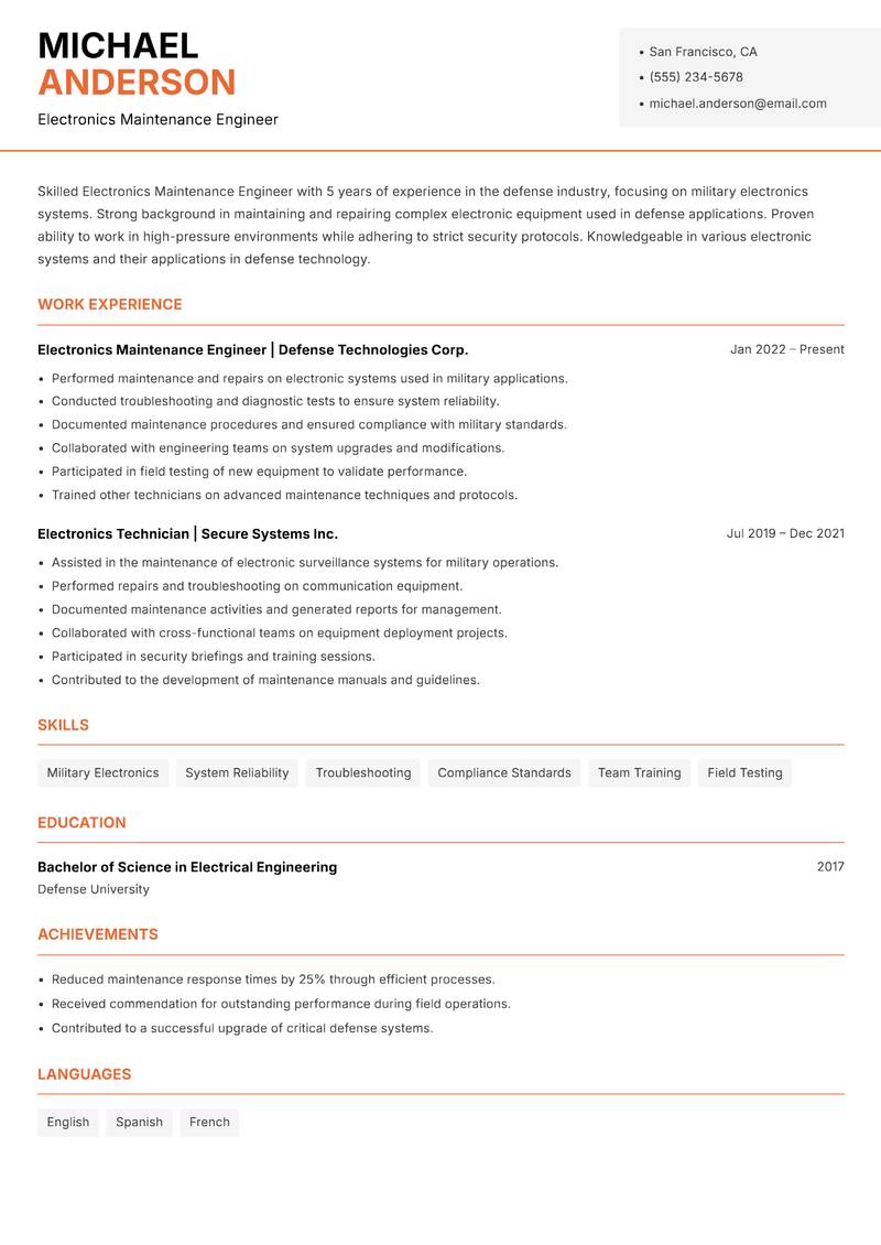 Electronics Maintenance Engineer Resume Template