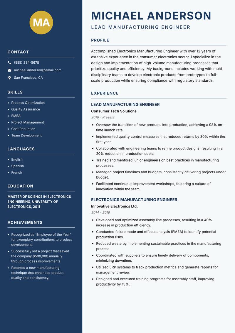 Electronics Manufacturing Engineer Resume Preview Example