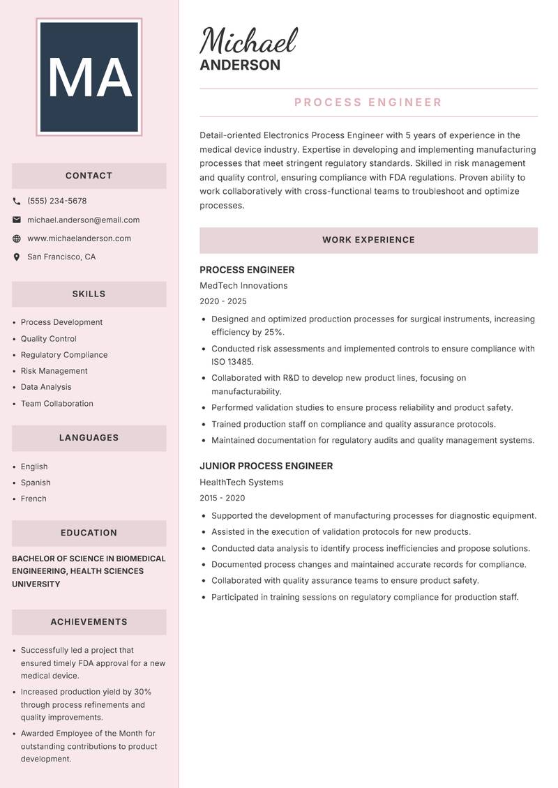 Electronics Process Engineer Resume Preview Example