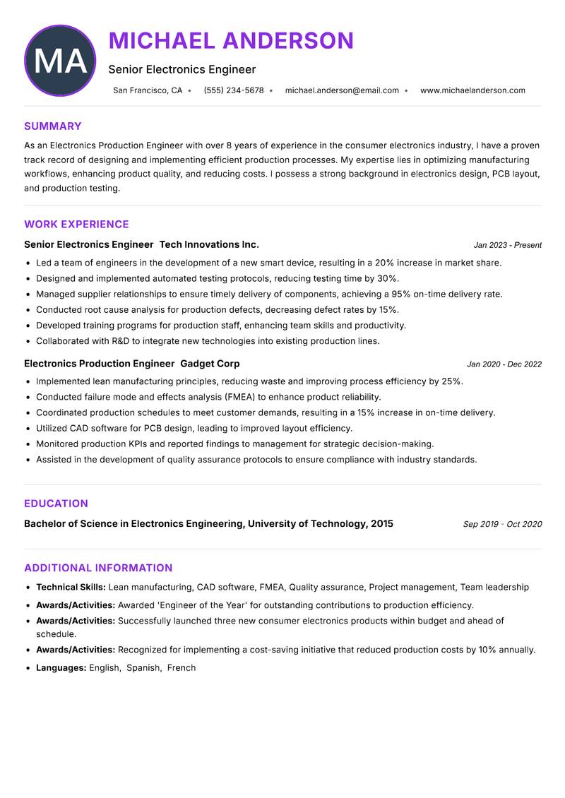 Electronics Production Engineer Resume Preview Example