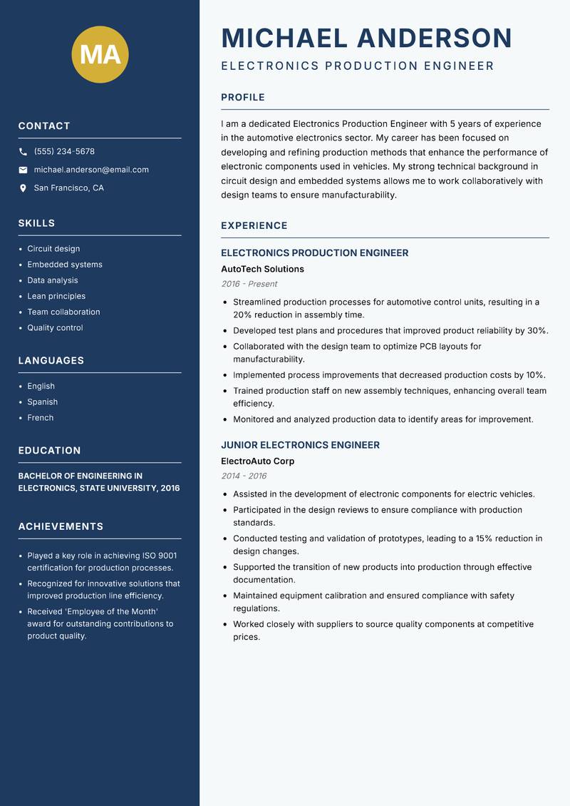 Electronics Production Engineer Resume Preview Example