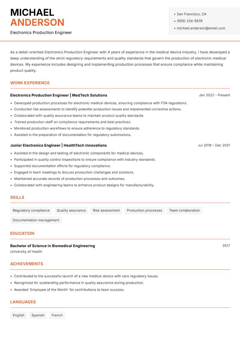 Electronics Production Engineer Resume Template