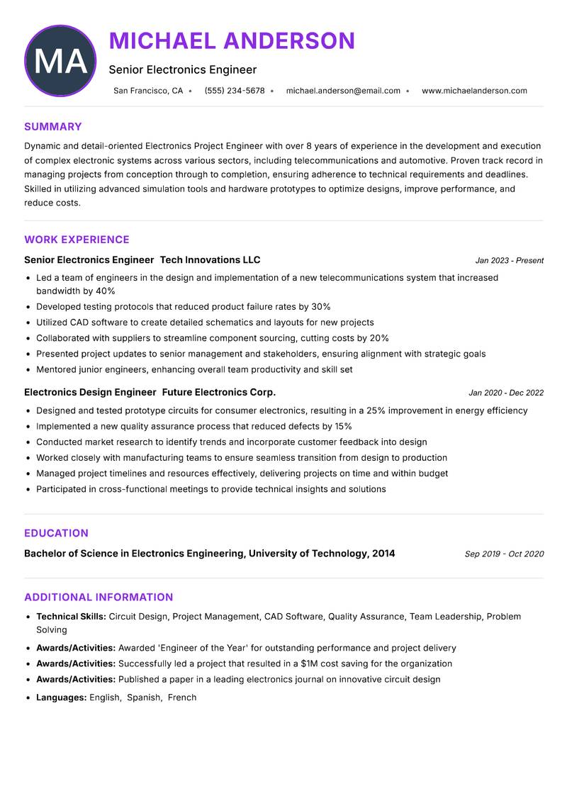 Electronics Project Engineer Resume Preview Example